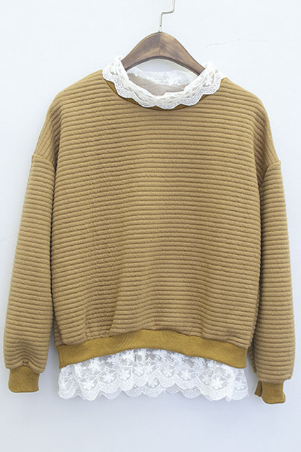 

Chic Lace Patchwork Contrast Round Neck Dropped Long Sleeve Pullover, Khaki