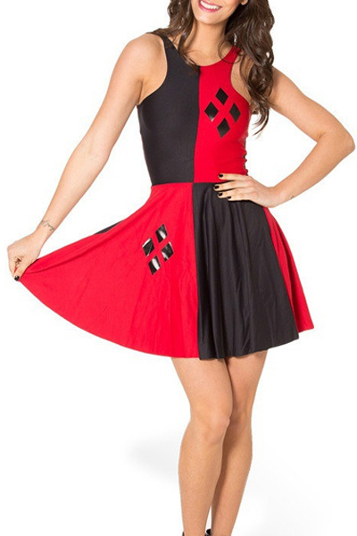

Summer Pleated Print Color Block Reversible Skater Dress, Red