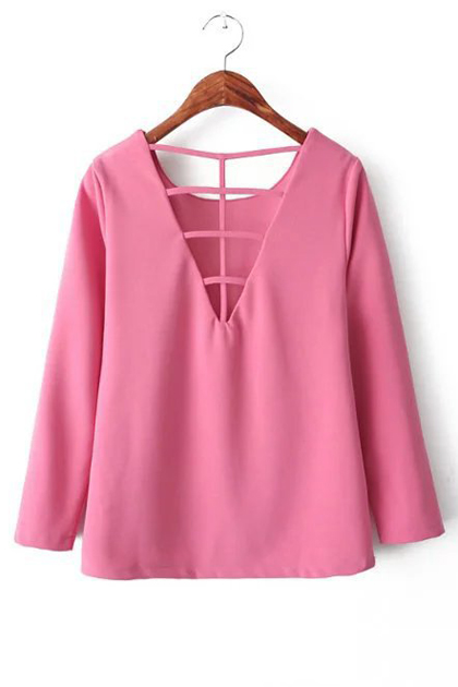 

Sexy Cutout V-Back Round Neck Split Sides Plain Blouse, Pink