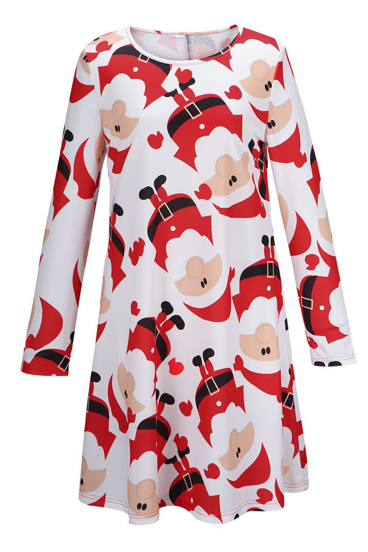 

Christmas Santa Print Long Sleeve Round Neck Dress, Red