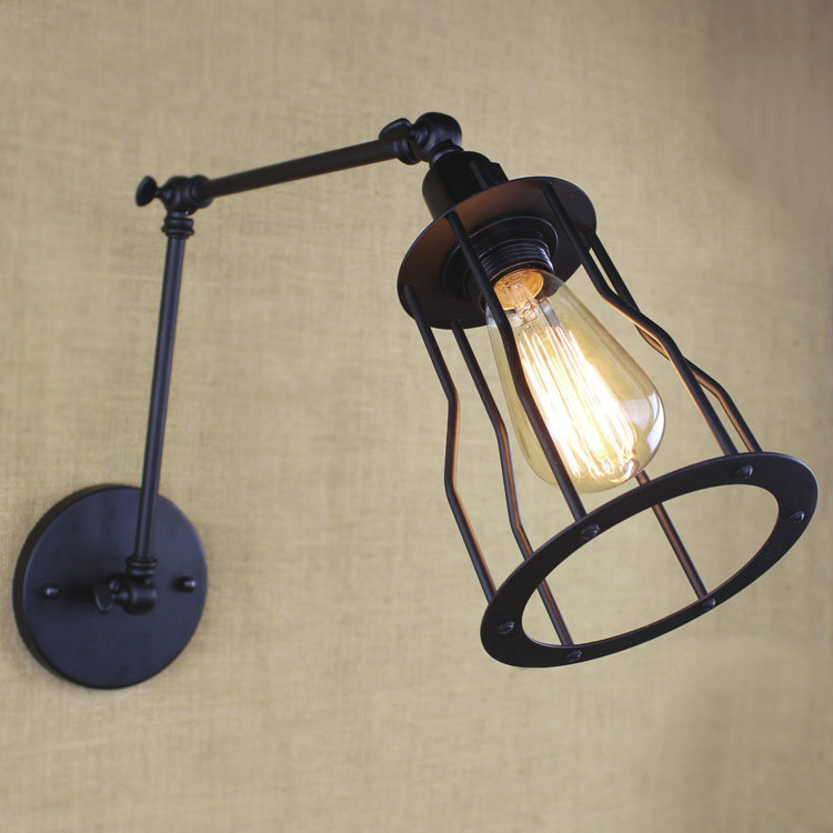 

Satin Black 1 Bulb Indoor Iron Cage Adjustable Small Wall Lamp