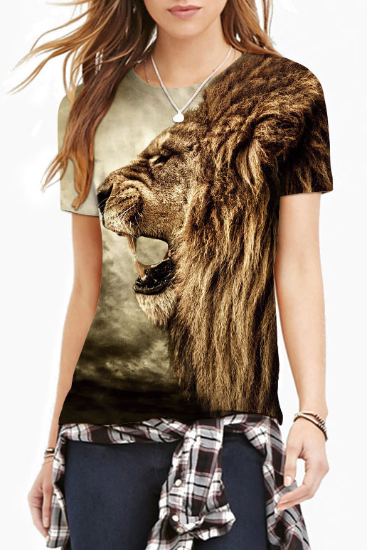 

3D Lion Print Scoop Neck Short Sleeve Tee, Brown