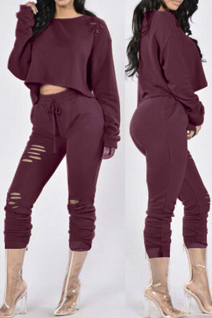 

New Stylish Cutout Long Sleeve T-Shirt with Drawstring Waist Cutout, Burgundy