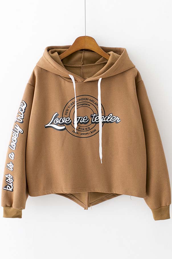 

New Stylish Asymmetric Hem Split Back Graphic Printed Hoodie, Coffee