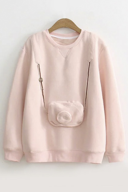 

Women's Round Neck Long Sleeve Pink Sweatshirt with Cartoon Camera