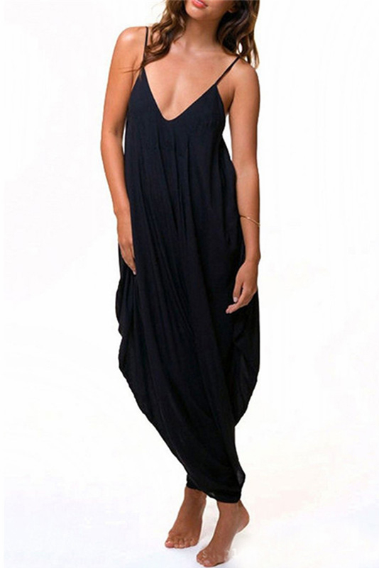 

Sexy V-Neck Spaghetti Straps Sleeveless Plain Loose Jumpsuits, Black