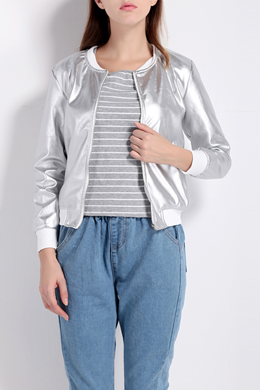 

Women's Metallic Collarless Long Sleeve Zipper Placket Plain Bomber, Silver