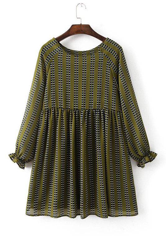 

Women's Round Neck Long Sleeve Polka Dot Print Mini Smock Dress, Green