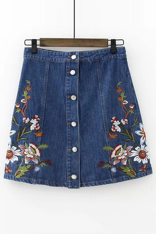 

Floral Embroidered Buttons Down Summer's A-Line Mini Denim Skirt, Blue