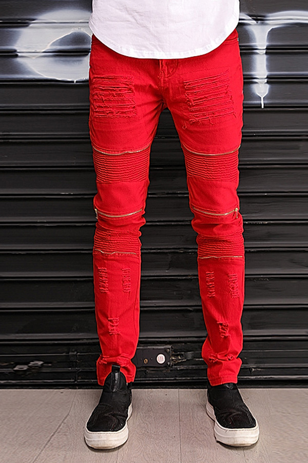 red biker jeans