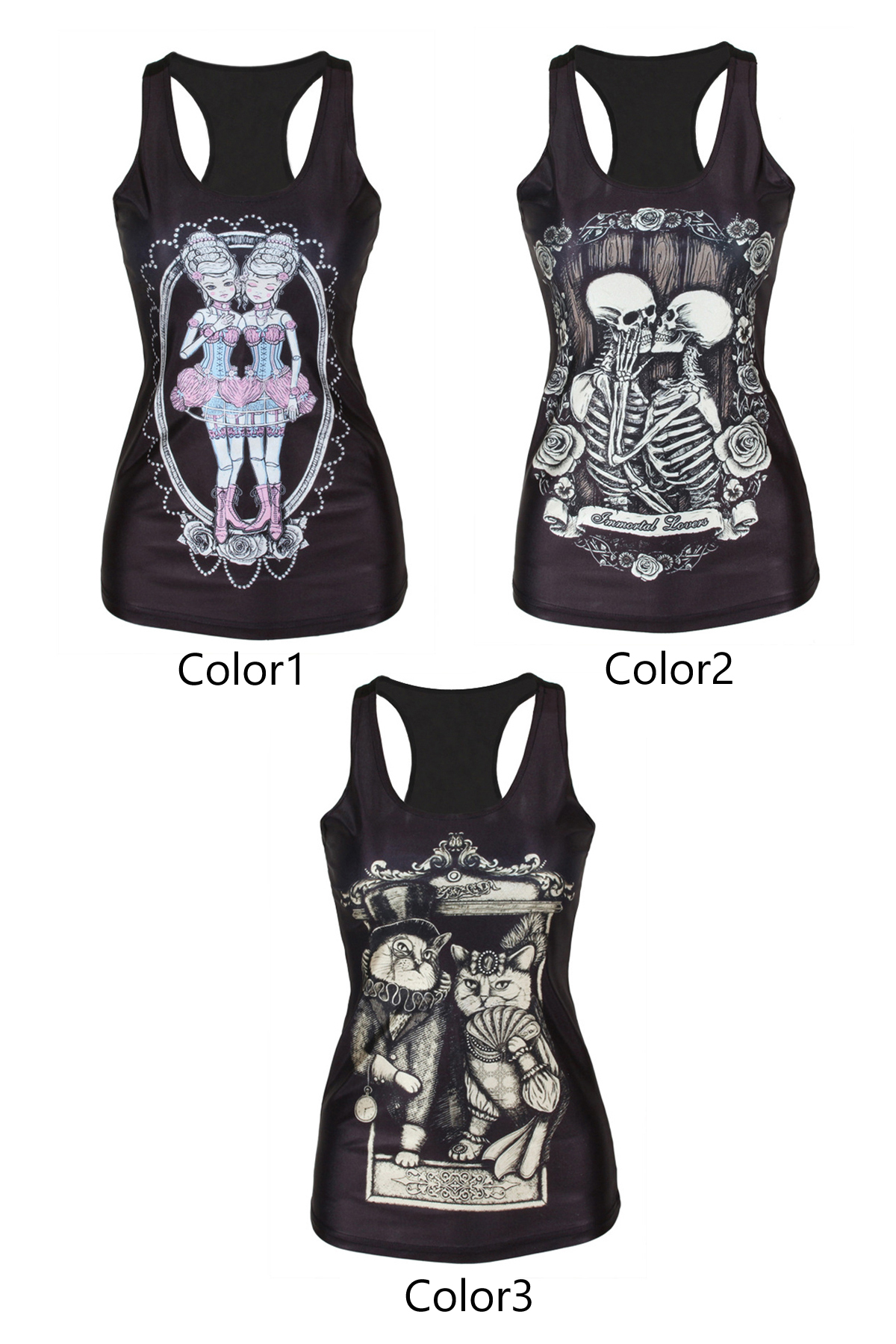 

Skull&Cat Couple&Pretty Girl Print Black Tanks