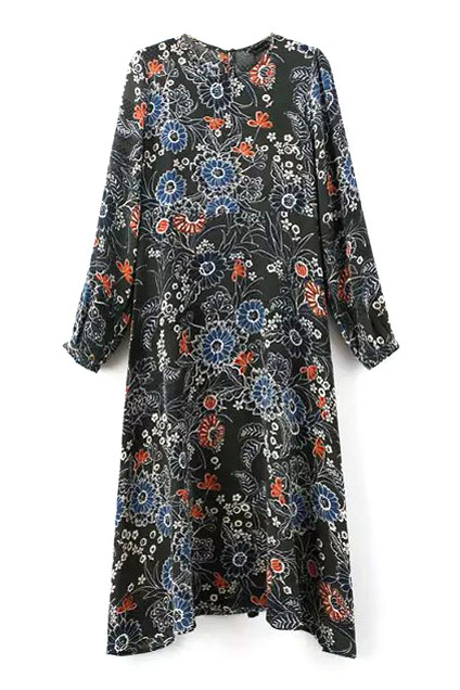 

Balloon Sleeve Floral Print Round Neck Asymmetrical Hem Dress, Black