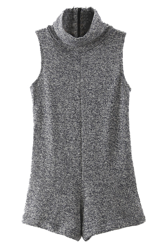 

High Neck Sleeveless Plain Zip Back Knit Romper, Gray