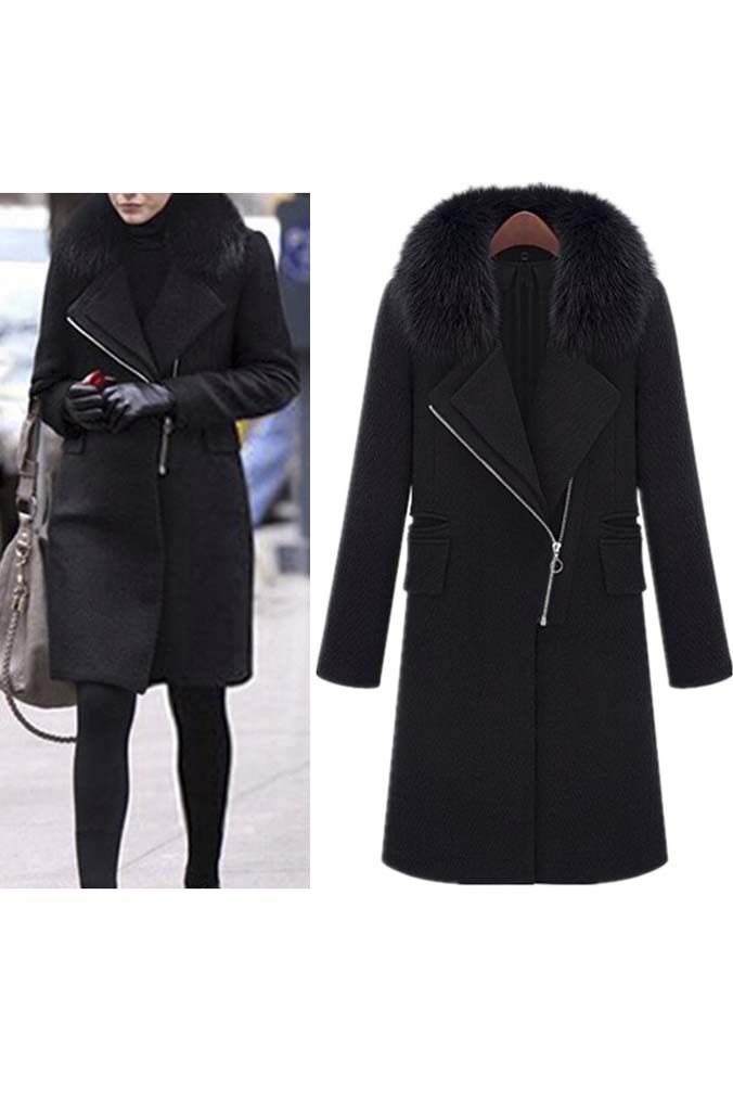 

2016 New Arrival Stylish Fur Collar Zip Front Wool Coat, Black