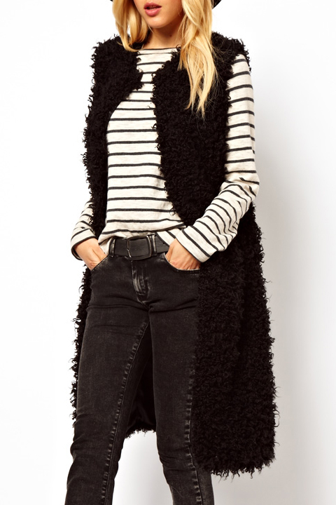 

Fashion Open-Front Sleeveless Plain Faux Fur Tunic Vest, Black