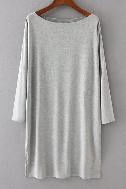 

Boat Neck Long Sleeve Split Sides Plain T-Shirt Dress, Gray