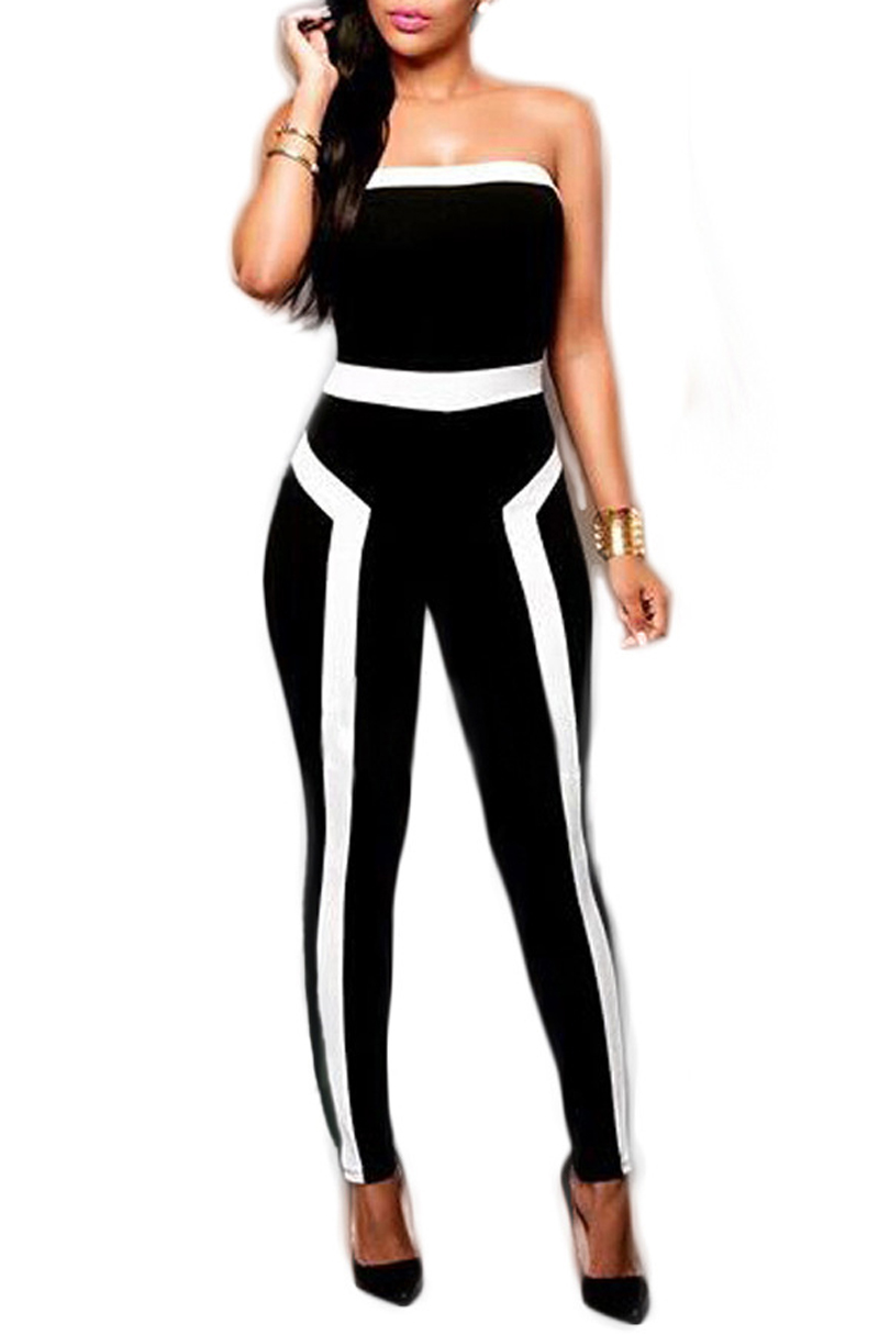 

Women's Sexy Strapless Sleevless Striped Color Block Bodycon Jumpsuits, Black