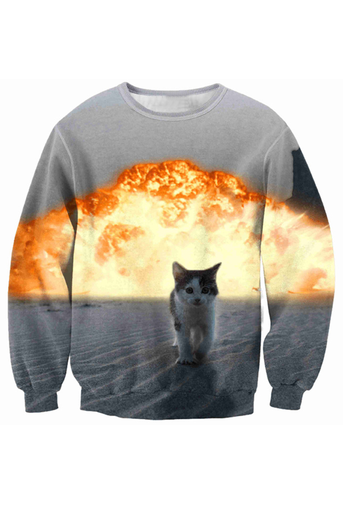 

New Fashion Round Neck Long Sleeve Digital Fire Cat Printed Leisure, Gray