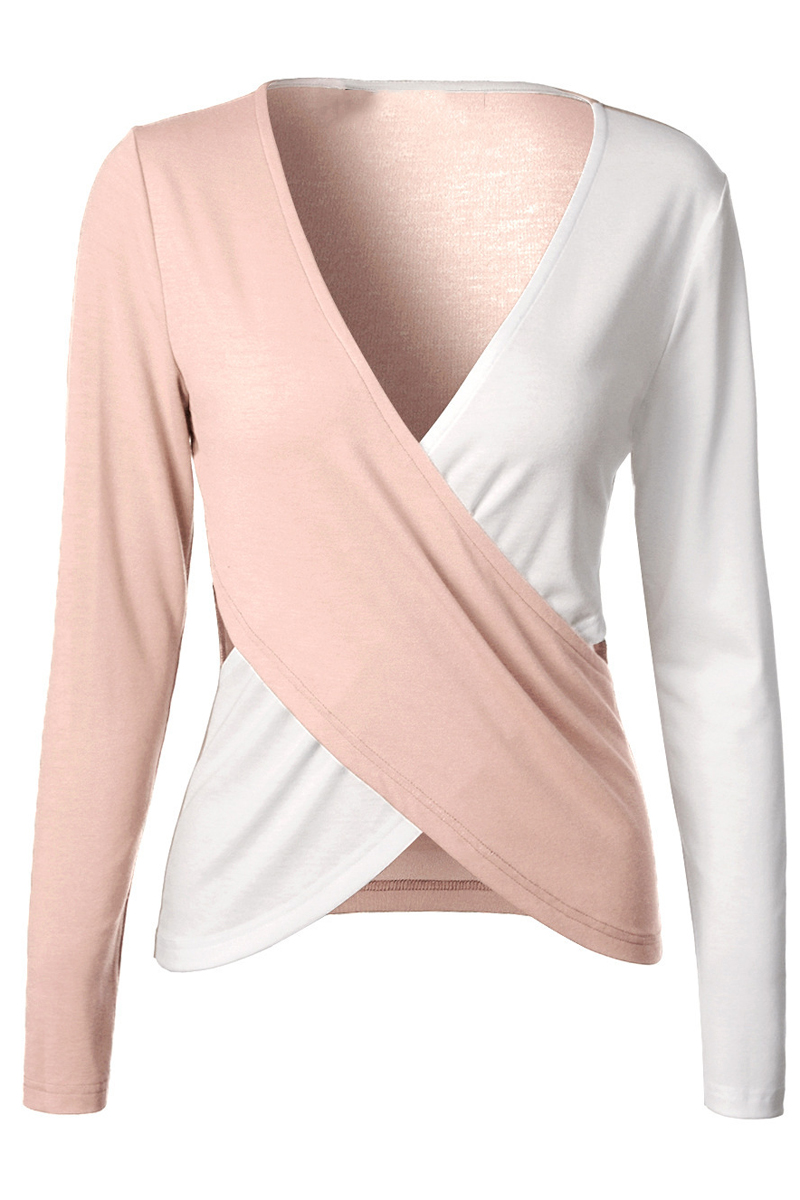 

Color Block Wrap V Neck Long Sleeve Pullover Stylish T-Shirt, Apricot