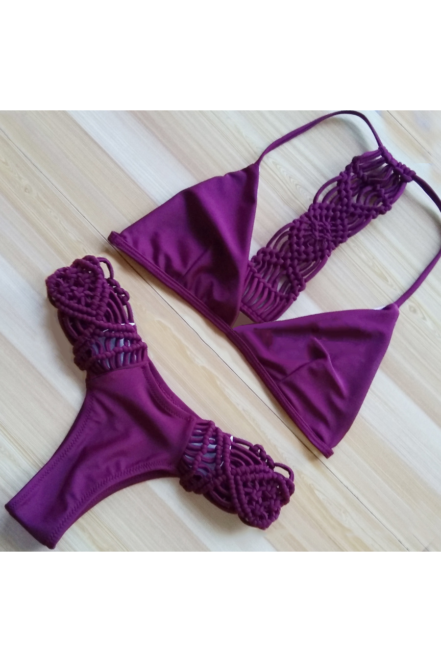 

Hand Knitting Hollow Out Triangle Plain Sexy Bikini Swimwear, Purple