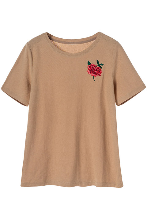 

Fashion Embroidery Floral Pattern Short Sleeve Round Neck Off-Duty Tee, Khaki
