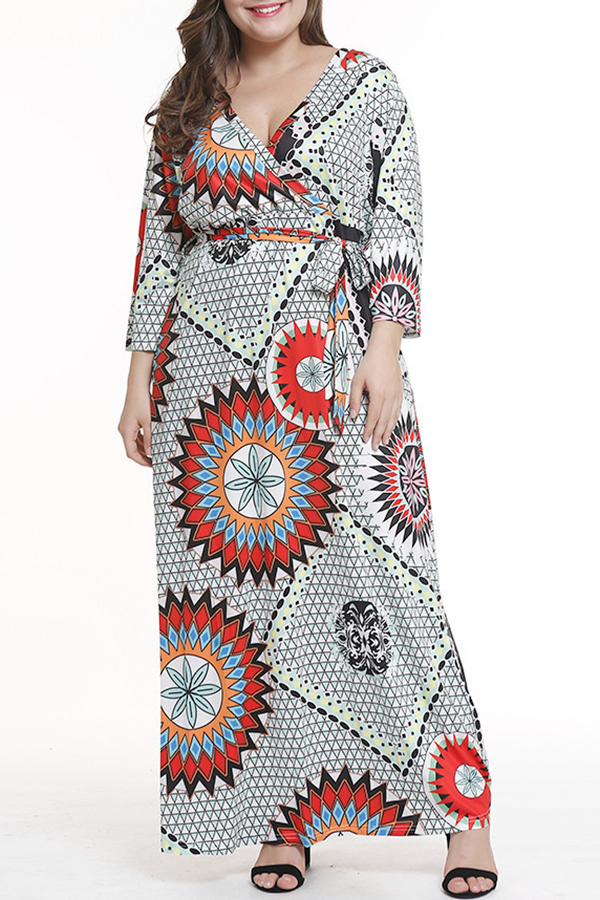 v neck long sleeve printed split casual dress