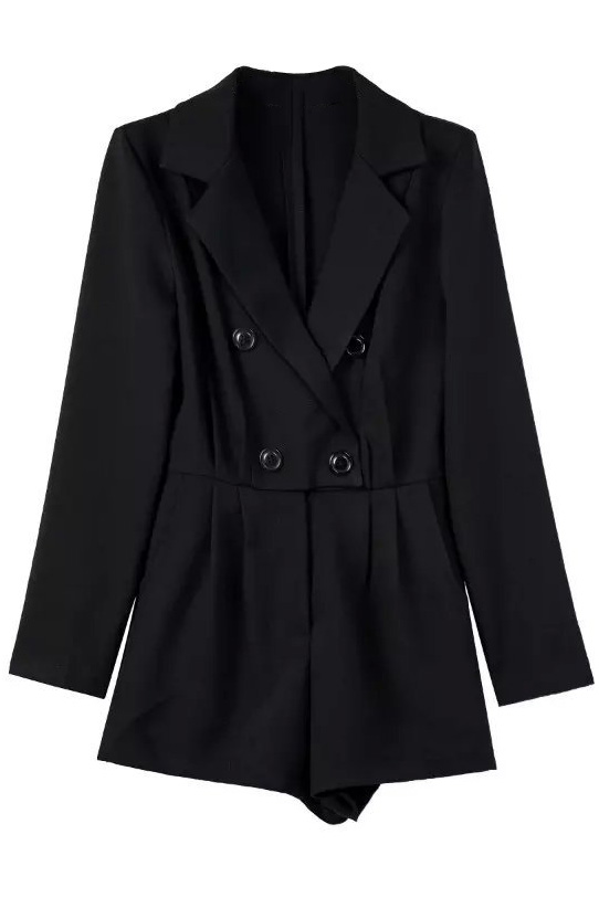 

Plain Notched Lapel Blazer Style Long Sleeve Button Detail Romper, Black