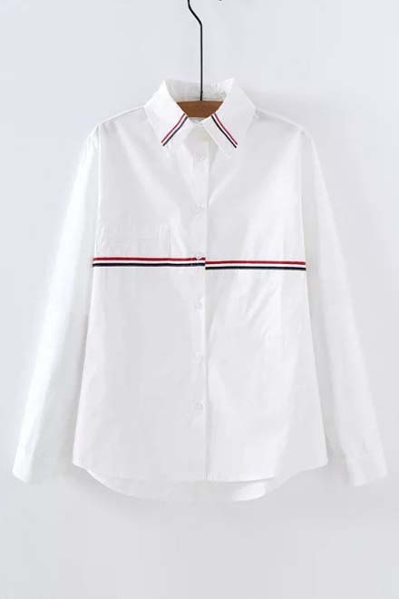 

New Style Lapel Single Breasted Long Sleeve Striped Shirt, White