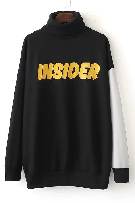 

High Neck Contrast Long Sleeve Letter Print Tunic Pullover Sweatshirt, Black