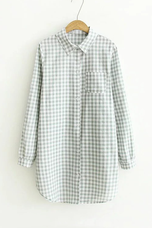 

Plaid Color Block Single Breasted Lapel Tunic Shirt with One Pocket, Blue