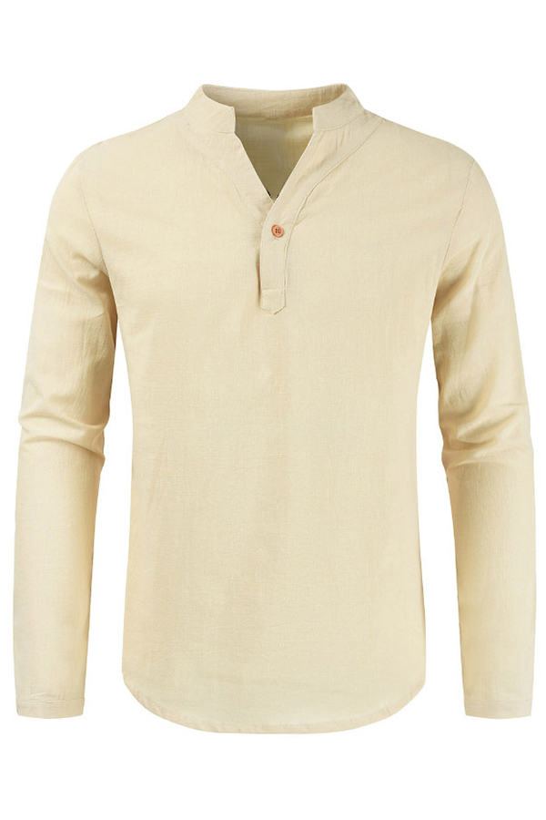 Men's Long Sleeve Casual Formal Striped Shirt Linen Cotton Henley Shirts Top Tee