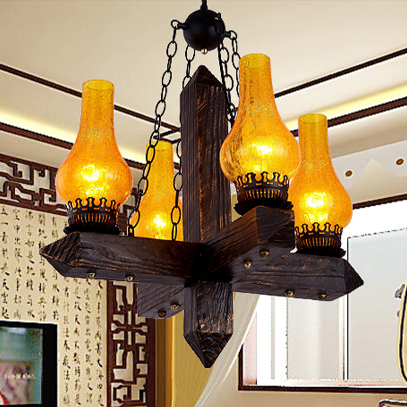 Amber Crackle Glass Vase Chandelier Lighting Industrial 5 Lights Living Room Pendant In Black Beautifulhalo Com