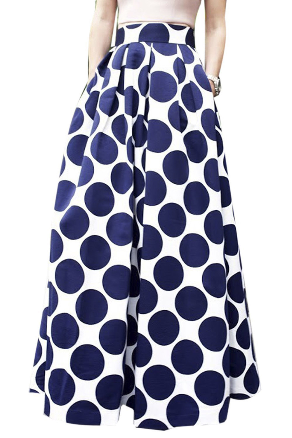 

Polka Dot Print Pockets Detail Maxi Skirt, Blue
