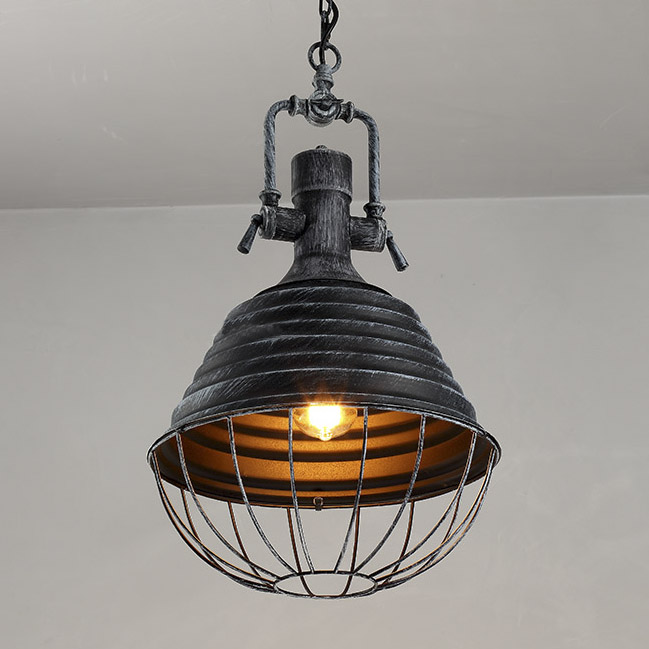 

1 Light Cone Pendant in Antique Black with Cage Shade