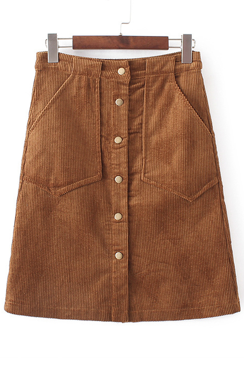 

High Rise Single Breasted Women's Corduroy A-Line Mini Skirt, Brown