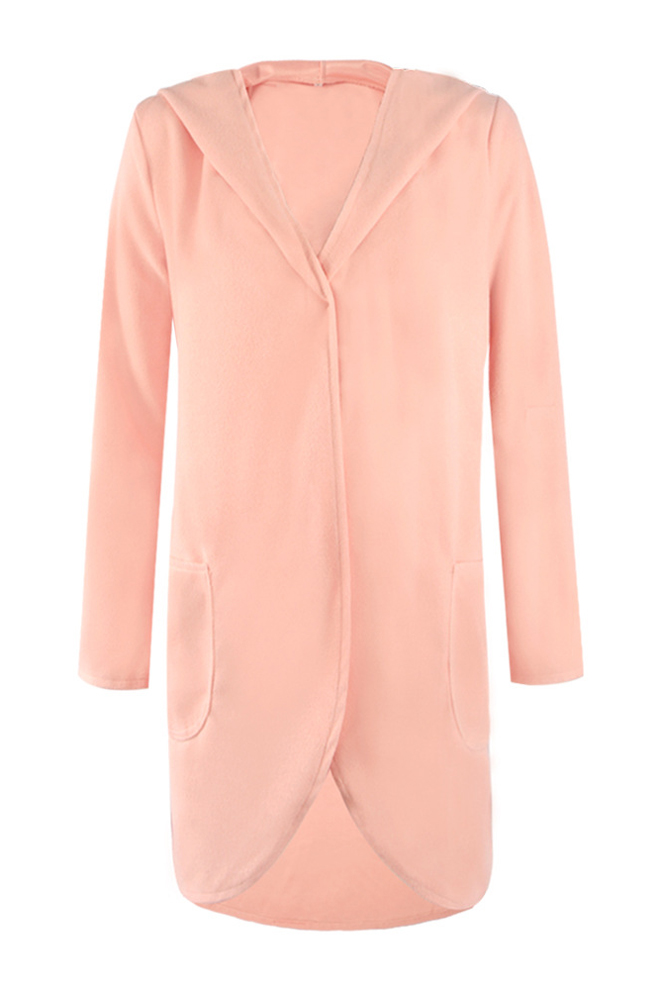 

Chic Asymmetric Trim Hooded Long Sleeve Plain Tunic Wool Coat, Pink