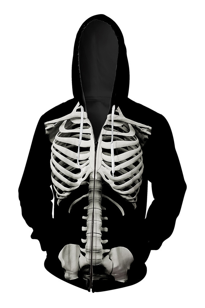 skeleton zip up hoodie black