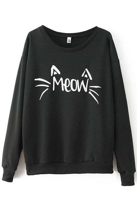 

Black Letter Meow Print Round Neck Sweatshirt