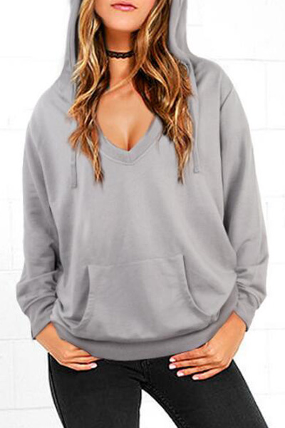 

Women's Fashion V-Neck Casual Plain Basic Sexy Hoodie, Gray