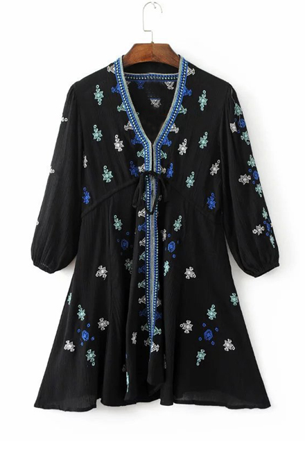 

Women's V-Neck 3/4 Sleeve Embroidery Tie Front A-Line Mini Dress, Black