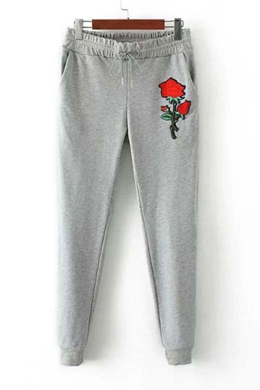 

Elastic Drawstring Waist Rose Embroidered Fashion Sports Pants with, Gray