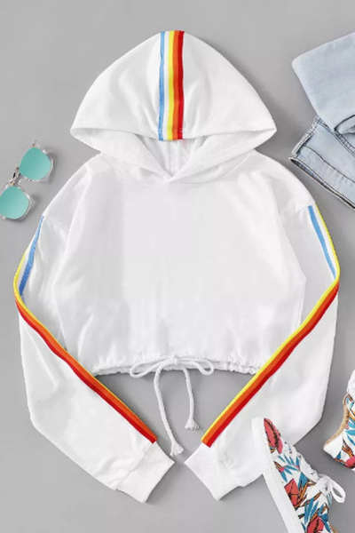 white sweatshirt with rainbow stripe