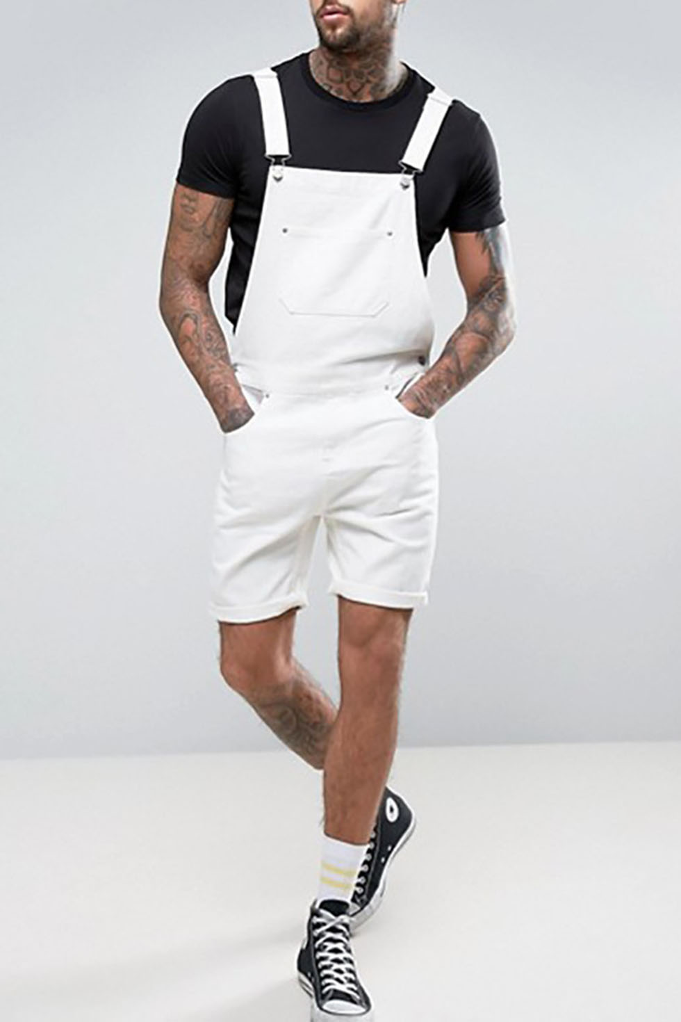 white denim overall shorts