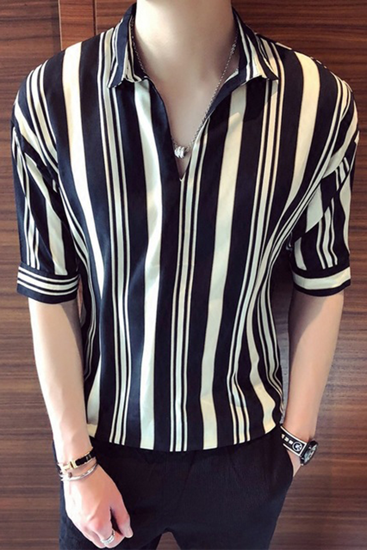 Men S Hot Fashion Striped Printed Half Sleeve Casual Black And White Loose Pullover Shirt Beautifulhalo Com