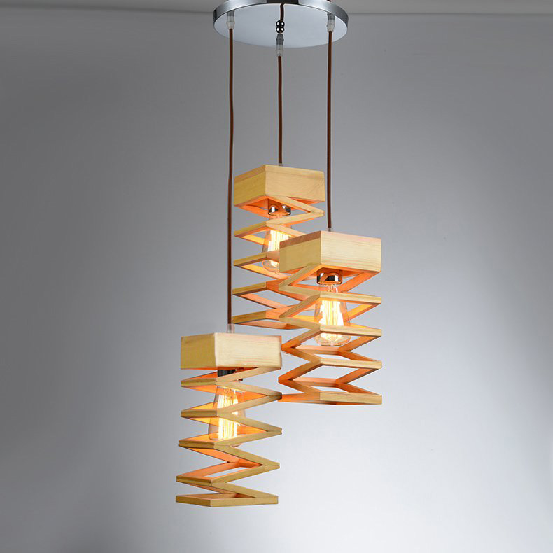 

Spiral Wood Three Light Designer Multi-Light Pendant Light with Round