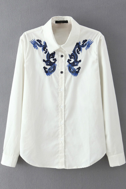 

Lapel Button Down Long Sleeve Embroidery Shirt, White