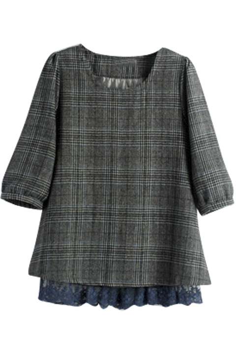 

Round Neck Plaid Half Sleeve Lace Patchwork Blouse, Gray