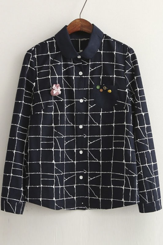 

Cute Lapel Geometric Print Long Sleeves Button Down Spring Summer, Navy