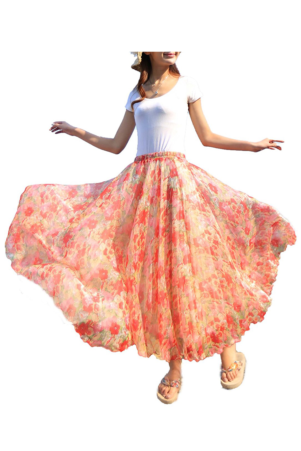 

Full/ankle Length Elastic Pleated Retro Maxi Chiffon Bohemian Long, Orange
