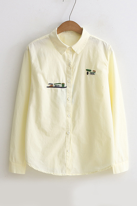 

New Fashion Small House Embroidered Lapel Collar Long Sleeve Buttons, Yellow